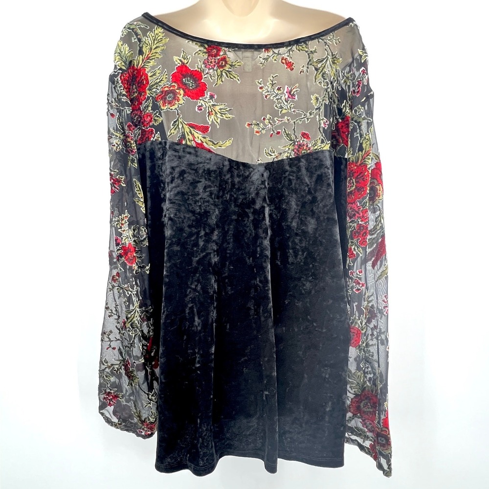 Adiva Womens Top 3X Black Velvet Sheer Embroidered‎ Red Floral Sleeves Romantic - Picture 6 of 8